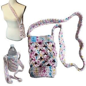 Crochet Crossbody Water Bottle Holder Bag Multicolor Handcrafted Cotton Handmade
